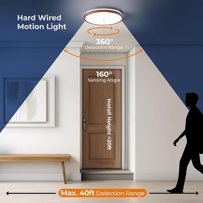 Matane Motion Sensor LED Ceiling Light with Remote, 12 Inch Wired Flush Mount Light 3000K 4000K 5000K, 2400LM Dimmable Motion Sensor Light Indoor for Closet Hallway Laundry Stairs Walnut