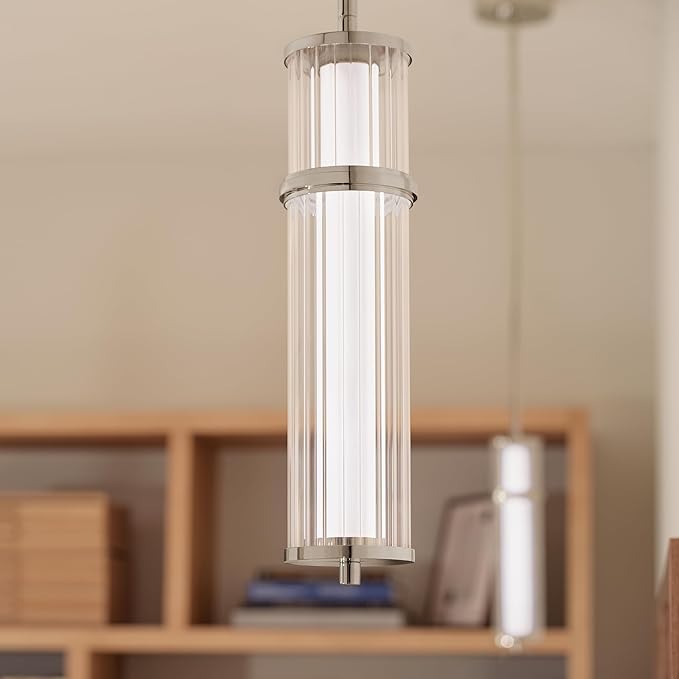 Kichler Riven LED 1-Light Pendant with Clear Fluted Glass in Polished Nickel, Sloped Ceiling Compatible, for Kitchen or Dining Room (15.5" x 5"), 52755PNLED