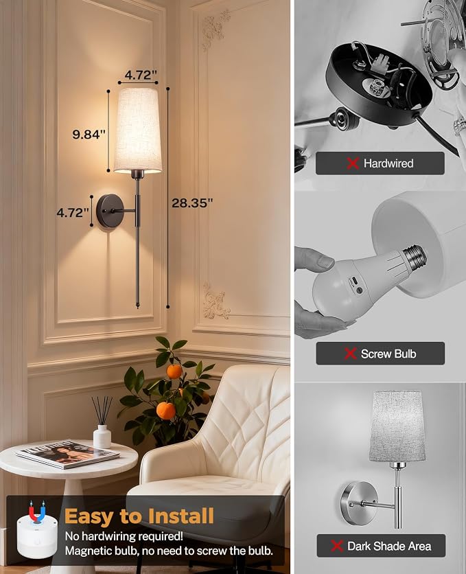 Battery Operated Wall Sconce Set of 2, 13000mAh Rechargeable Battery Powered Sconces with Remote Dimmable Fabric Shade Wireless Sconces Fixture for Bedroom Living Room