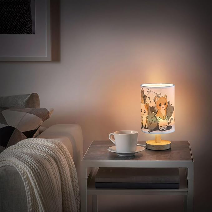 Table Lamp Cute Cartoon Cat Kitten Kitty Nightstand Lamp with Wood Base Fabric Lamp Shade Bedside Desk Lamp for Living Room Bedroom Kids Room Office