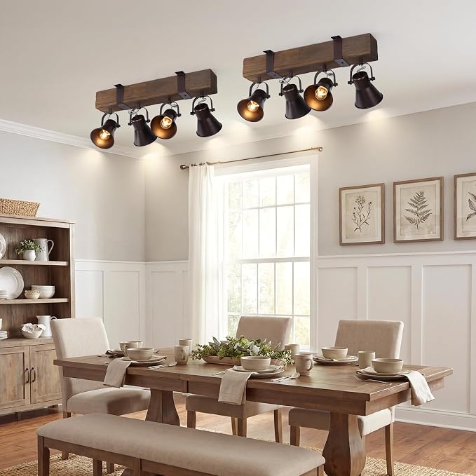 4 Light Semi Flush Mount Ceiling Light, Farmhouse Wooden Track Lighting Fixtures Ceiling, Rustic Kitchen Lights Ceiling for Island Dining Room Living Room.