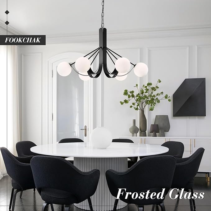 Modern Living Room Chandelier with Chain 33in Frosted Glass Kitchen Chandeliers Sputnik Black Dining Table Light Fixture 6 Light Mid-Century Chandeliers Light for Bedroom Entry Foyer