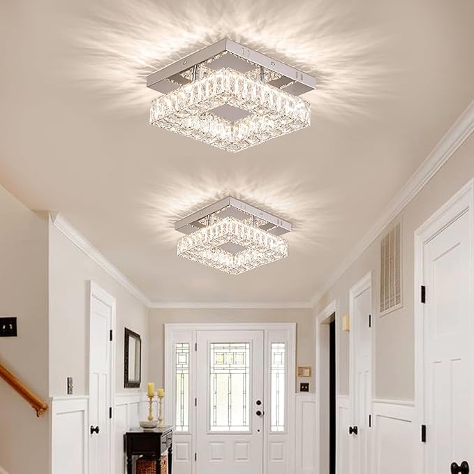Dimmable Crystal Chandelier LED Ceiling Light with Remote Flush Mount Small Chandelier for Hallway Foyer Kitchen Stair Closet,3 Colors Adjustable