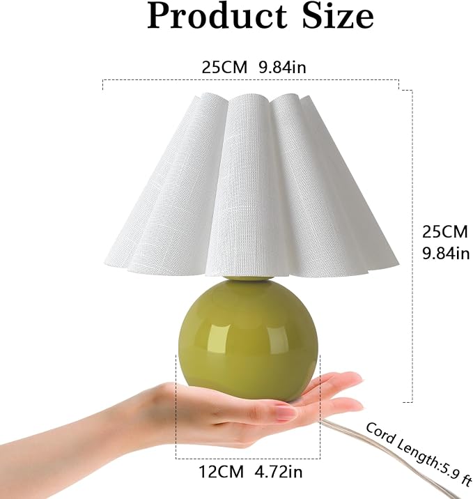Ziqqeelam Green Small Bedside Mini Table Lamp for Bedroom, Cute Bedroom Lamps for Nightstand, Cute Mini Table Lamps for Small Spaces with Scalloped Shade for Kitchen Counter, Bookshelf, Kids Dorm