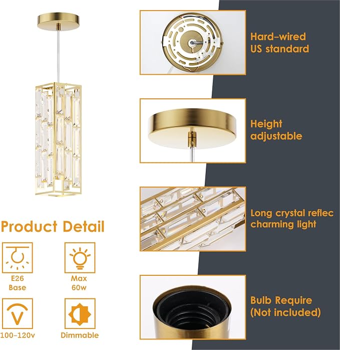 Modern 1-Light Crystal Pendant Light Kitchen Island, Brass, 2-Pack | Mini Crystal Chandeliers, Height Adjustable Cord, Ceiling Hanging Lighting for Kitchen Island Dining Room Bedroom