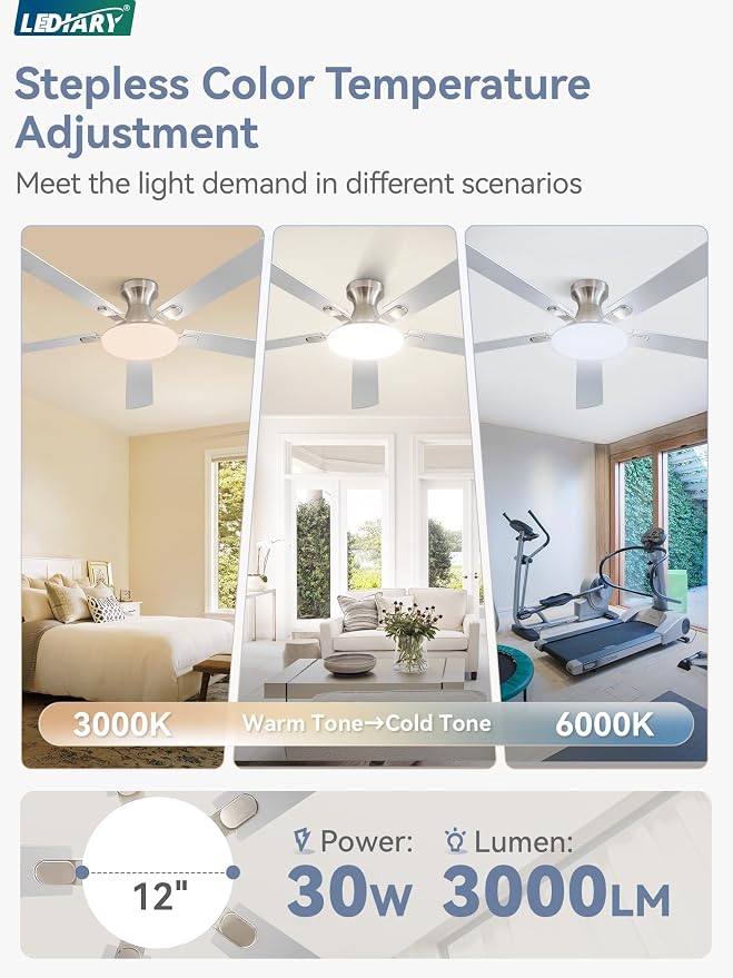 52 Inch Ceiling Fan with Lights and Remote, 30W 12" LED Panel Flush Mount Ceiling Fan, 6-Speed Quiet DC Motor Modern Low Profile Ceiling Fan with Reversible Blades for Bedroom, Living Room, Patio