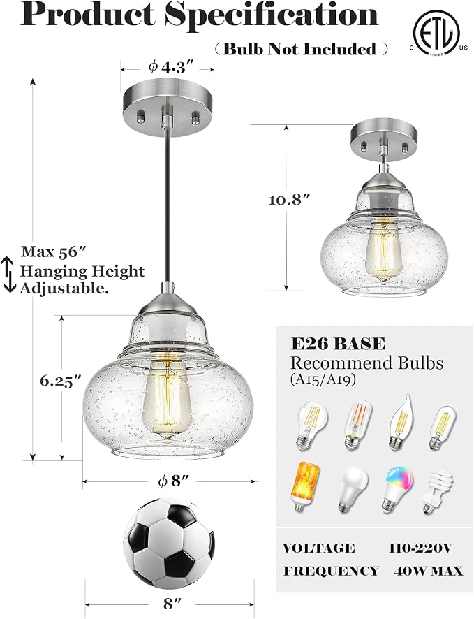 ELYONA 8 Inch Bubble Glass Pendant Light Industrial Kitchen Island Globe Hanging Pendant Light Fxiture Modern Hand Blown Seeded Glass for Farmhouse Dining Room Bar Bedroom Living Room Brushed Nickel