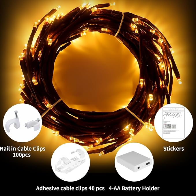 7.55FT 144LED 2PCS Brown USB Tree Branch Lights for Wall with Battery Box | Enchanted Tree Branch Lights for Wall, Bedroom Wedding, Christmas with Remote Timer, 8 Light Model, USB Battery Box