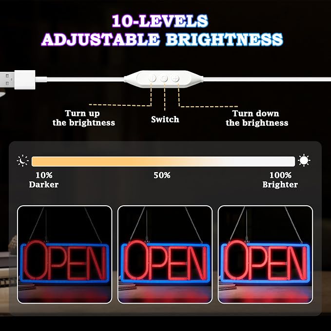 Neon Open Signs for Business, 16.54" X 7.87" Dimmable LED Open Sign, Bright Open Sign for Business for Window Storefronts, Restaurant,Bar, Retail Shops, Salon (Blue+Red)