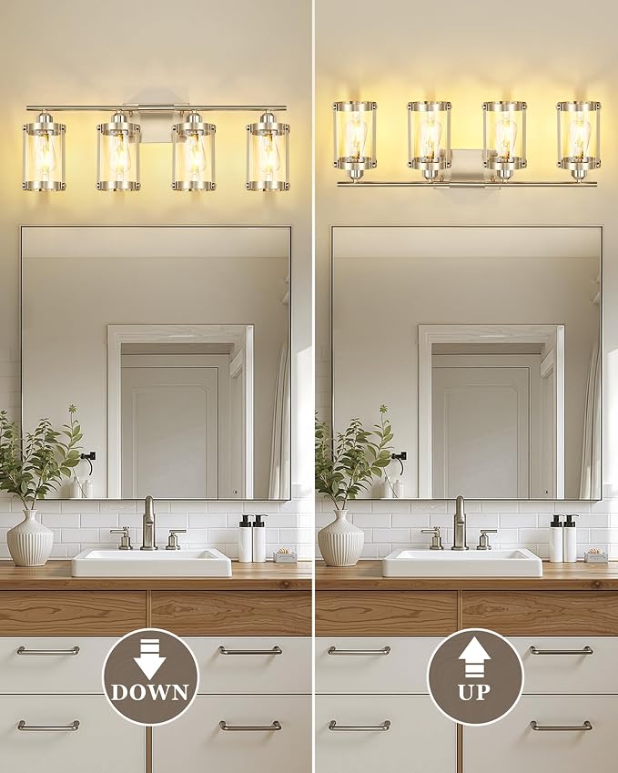 4-Light Brushed Nickel Bathroom Light Fixtures, 29 Inch Modern Bathroom Vanity Lighting Fixtures Over Mirror with Clear Glass and Metal Cage Wall Sconce Lights for Bath, E26, OS-3014BN-4W