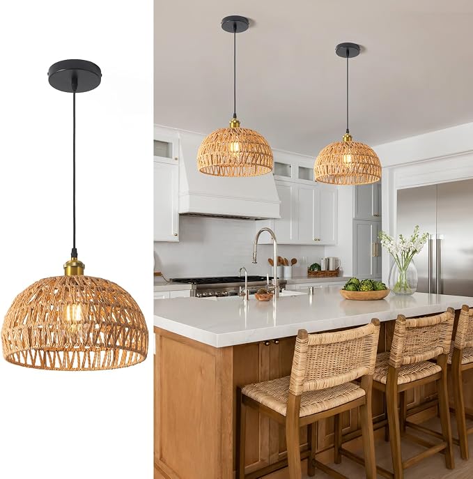 Hanging Lamps Rattan Pendant Light,Cord Bamboo Pendant Light Fixture Hanging Lamp Boho Ceiling Light Fixtures Farmhouse Pendant Lamp Shape for Living Room Bedroom Kitchen,30CM,E26 Base