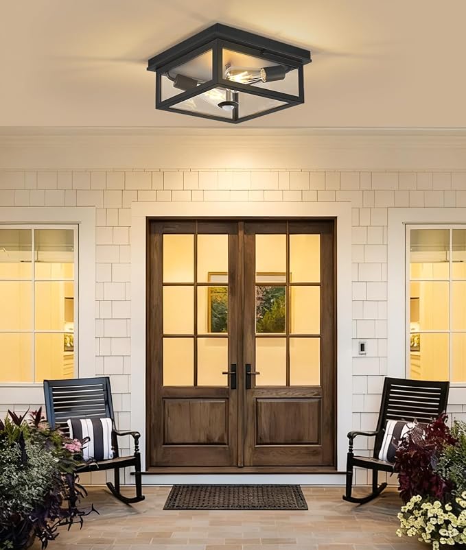 Motion Sensor Outdoor Ceiling Light with Remote, 12.2 Inch Black Flush Mount Porch Light Fixture with United Glass Cover, 5 Modes Outside Flush Mount Light for Porch, Garage, Patio, Entryway