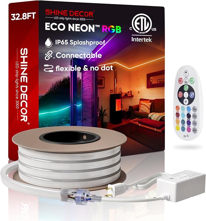 LED RGB Neon Rope Lights AC 120V, Expandable & Cuttable Bright Strip Lighting with Remote, Dimmable Color Changing, ETL Cold-Resistant & IP65 Waterproof for in&Outdoor, 10x20mm, 32.8FT