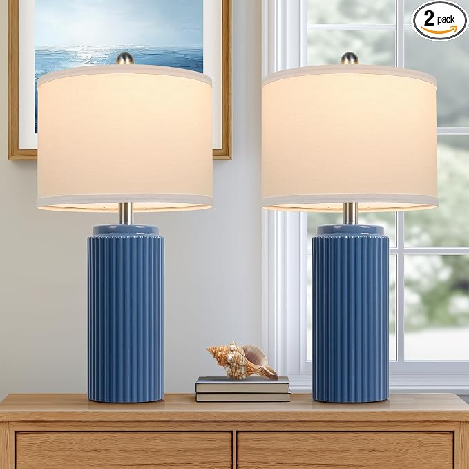 23.5" Blue Ceramic Table Lamps Set of 2, Modern Nightstand Lamps | Bedside Table Lamps with White Linen Shade, Ideal Size, Farmhouse Home Decor for Living Room Bedroom Office End Table Dorm