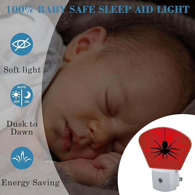 Black Spider Night Light for Kids, Red Spider Web LED Night Light Plug into Wall with Dusk to Dawn Sensor for Girls Boys Women Men Bedroom, Hallway, Kitchen, Bathroom, Stairs Decor