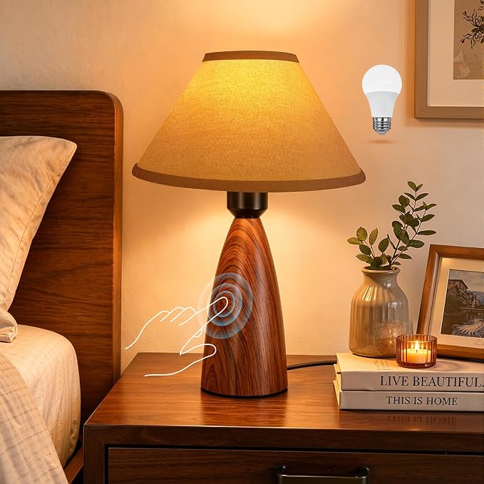 Nusogon Touch Table Lamp for Nightstand - 3-Way Dimmable Small Bedside Lamp | 3s Quick Shut-Off Smart Desk Lamp for Bedroom, Living Room, Reading, Nursery, LED Bulb Included
