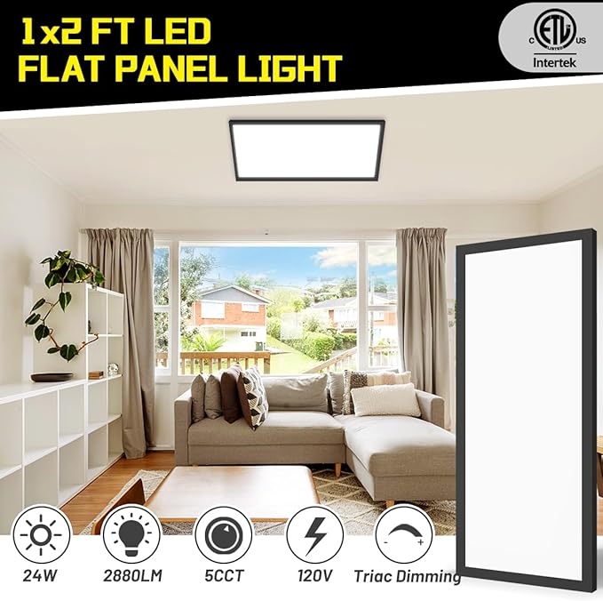 1x2 LED Flat Panel Light Surface Mount 2-Pack, Flush Mount Ceiling Light 24W 2880LM, 5CCT 3000K/3800K/4500K/5200K/6000K, Dimmable Panel Lights Black