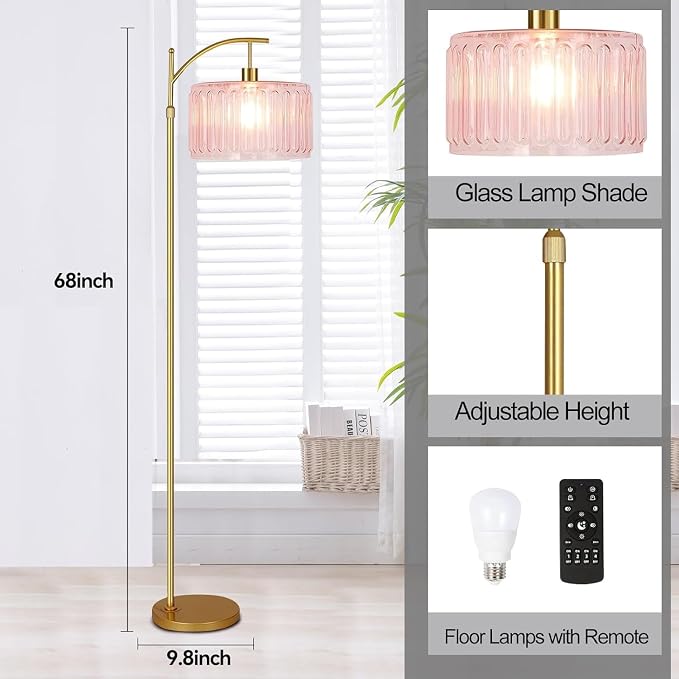 ILLMTW Pink Floor Lamp for Living Room,Bedroom,Gold Dimmable Standing Lamp with Remote,Mid Century Modern Brass Tall Lamp Boho Floor Lamps Arc Stained Glass Flower Floor Light Lamp Girls kids Bohemian