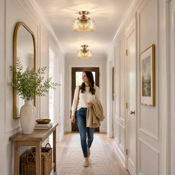 3-Light Semi Flush Mount Ceiling Light, Brushed Antique Brass Vintage Ceiling Light Fixture, Hallway Lighting Fixture with Amber Glass, 12In Bedroom Ceiling Mount Light for Kitchen Bathroom, E12*3