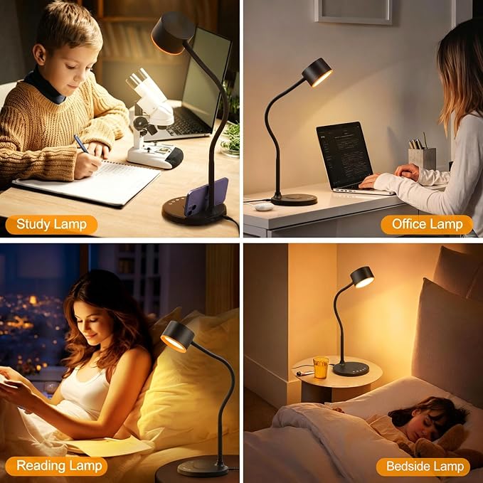 LiFMIRA Desk lamp with USB Charging Ports, Touch Control Desk Light Black | Reading Lamp for Home Office, 5 Color Stepless Dimming Study Lamps Reading Light Table Lamp for Bedroom Bedside Dorm Room