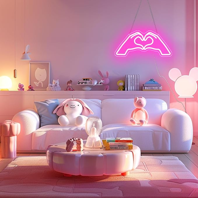 Heart Hands Neon Sign, Pink Room Decor, 15.75 inches Dimmable USB Powered Led Wall Art Decor, Music Merch Gifts for Girls Boys, Fans, Music Lover, Party, Christmas, Birthday(Pink)