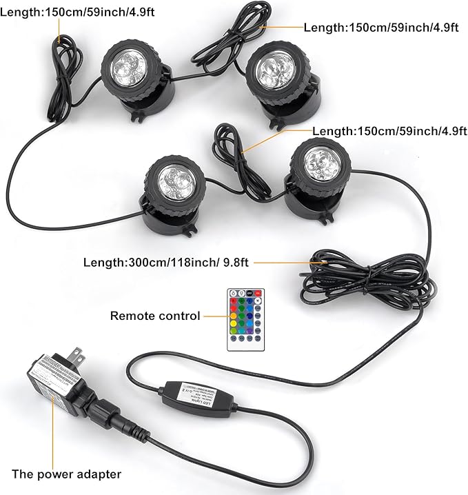 RGB Pond Lights with Timer, LED Underwater Submersible Colorful Landscape Spotlights, 98ft Remote Control IP68 Waterproof Fountain Lights for Fish Aquarium Tank Garden Yard Pool (Set of 4)