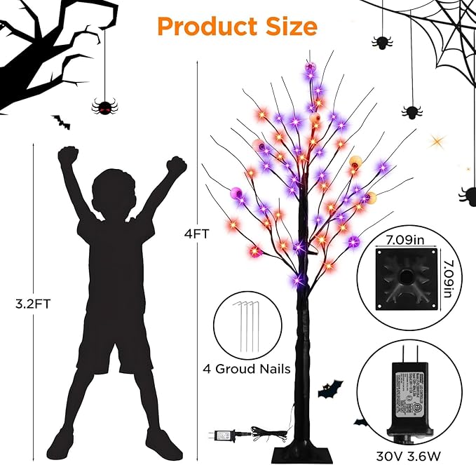 2 Pack 4FT Lighted Black Halloween Tree with 96 Purple & Orange Lights, Higher Size, Timer LED Soopky Tree Lights for Outdoor Garden Porch Home Yard Halloween Decoration
