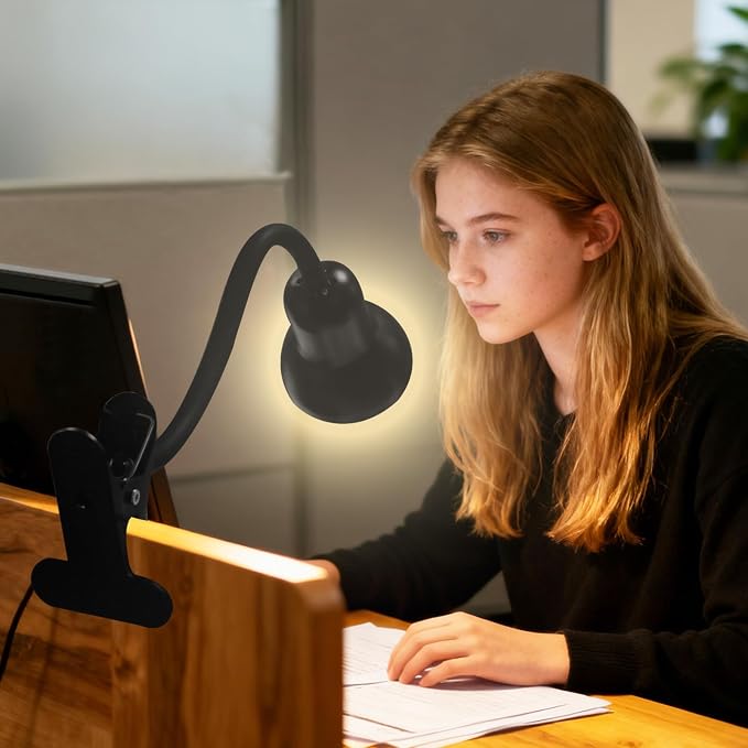Clip On Gooseneck Lamp - 60W Max, Ceramic Fire-Resistant E26 Socket, Classic Durable Switch, Adjustable Flexible Clamp Light for Desk, Workbench, Bed Headboard, Table, Heat (Dimmable Clip Desk Light)