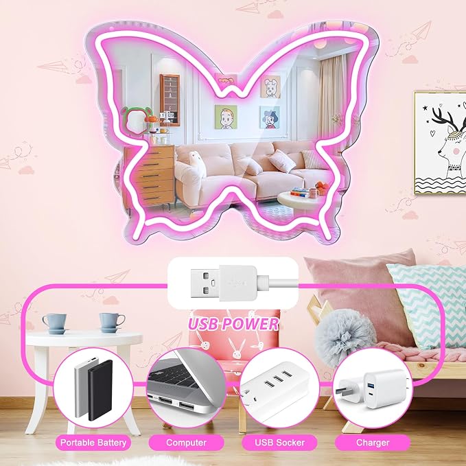 Butterfly Neon Sign Mirror, LED Neon Sign for Wall Decor, 15.7'' x 12'' Dimmable Neon Light for Teen Girls & Kids Birthday Party Gift, Neon Signs for Girl Room Decor, Wall Mirror, USB Powered (Pink)