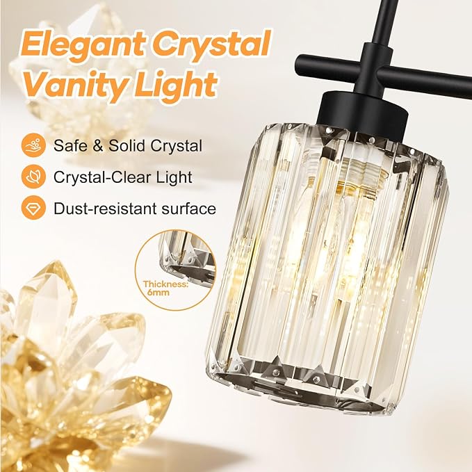 Modern Wall Sconces Set of 2, Matte Black Wall Lights with Clear K9 Crystal Shades, Bathroom Vanity Lights for Bedroom, Living Room, Hallway