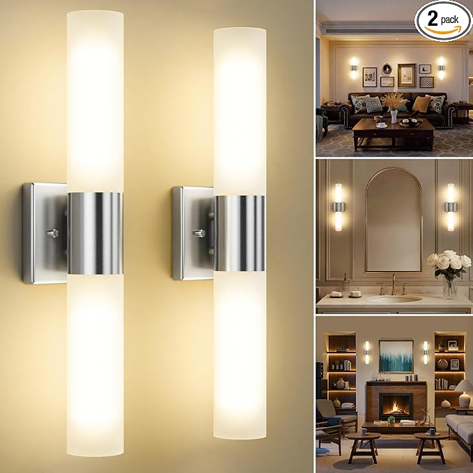 Wall Sconces Set of Two, Modern 21" Vanity, Frosted Glass, Silver | Indoor Wall Light Fixture. For Bathroom, Mirror, Bedroom, Living Room, Hallway. Mounting Hardware Included. Easy To Install.