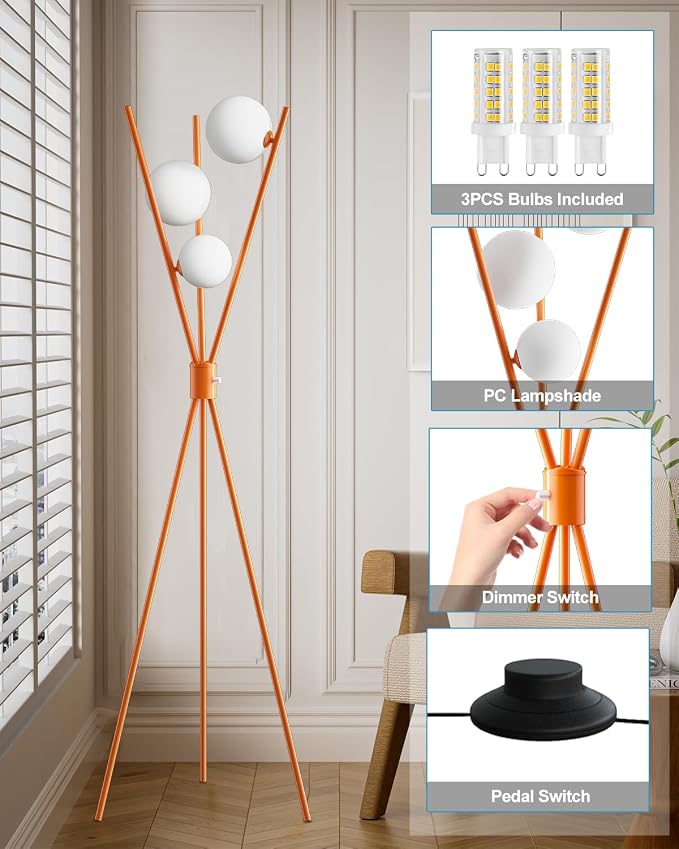 Lightdot Globe Standing Lamps Stepless Dimmable Tripod Floor Lamp with 3PCS 3000K Bulbs Included Stable Base Orange Mid Century Modern Floor Lamp for Living Room/Bedroom/Sofa Beside/Corner Decor