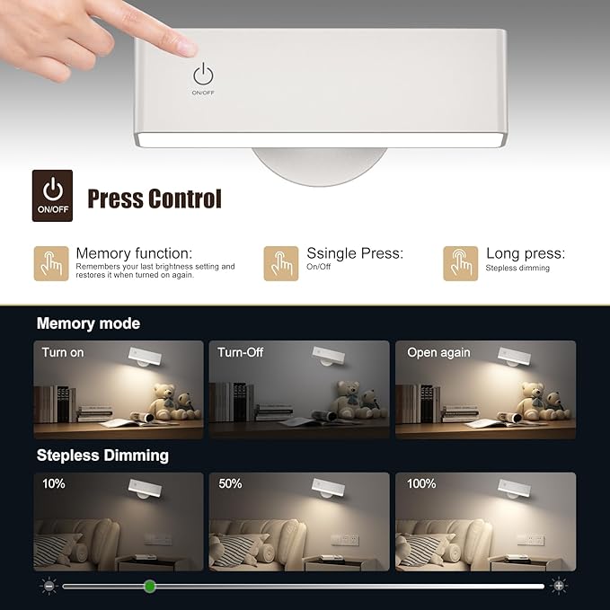 YiLaie LED Magnetic Wall Sconce Lights, 2Pack 4000mAh Battery Operated Wall Sconce, USB Rechargeable Wall Lights with Touch Controls & Brightness Adjustment, 360° Rotate Wall Mounted Reading Llight