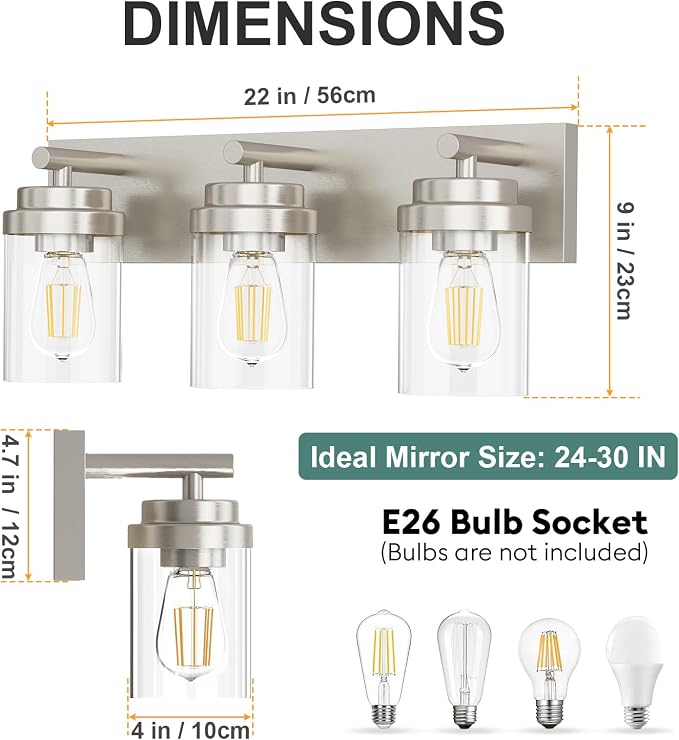 IZORRO Bathroom Vanity Light Fixture, 3-Light 22 Inch Brushed Nickel Bathroom Light Fixtures Over Mirror, with Clear Glass Shade, Modern Farmhouse Vanity Lights, Rustic Restroom Lighting Fixtures