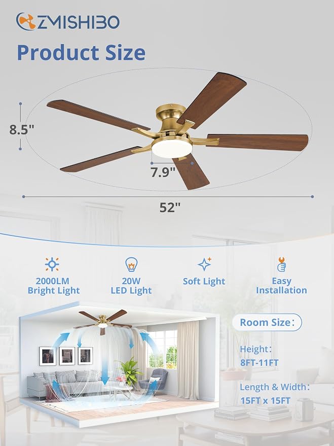 ZMISHIBO 52 Inch Ceiling Fans with Lights, Remote&App Control, Flush Mount | Low Profile, Dimmable 20W LED Light, Quiet Reversible Motor, Strong Airflow, Easy Install for Bedroom/Living Room/Apt, Gold