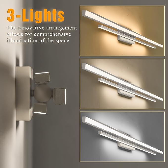 VitaLink 48 Inches Long Nickel LED Modern Bathroom Vanity Light Fixtures 25W Dimmable 5CCT Vanity Light Bar Over Mirror 3-Light Wall Light for Bathroom Over Mirror Picture Light