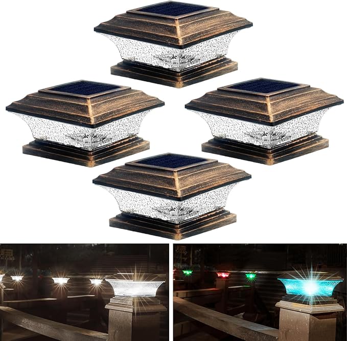 HUYIENO Solar Post Cap Lights - Outdoor LED Deck Fence Cap Light with 9 Light Modes, Bright White & 7 Color Fixed/Cycling Modes - Suitable for 4x4 & 5x5 Wooden Posts, Brushed Copper Finish, 4pk