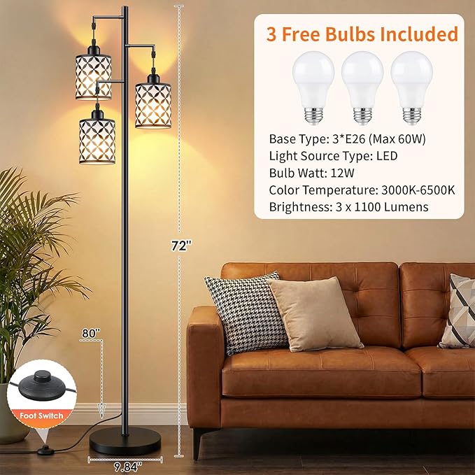 New Upgraded 72" Tall Dimmable Floor Lamp, 3 x 800LM 9W LED Bulbs Included, Farmhouse Standing Lamp with Remote Control, Industrial Tree Pole Floor Lamps for Living Room, Bedroom, Study Room - Black