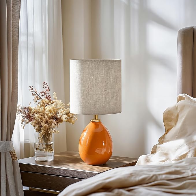 18.5" Table Lamp Set of 2 for Living Room Bedroom, Bedside Lamps for Night Stands, Desk Nightstand Lamp Dimmable, Modern Linen Cream Ceramic Lamps (Orange)