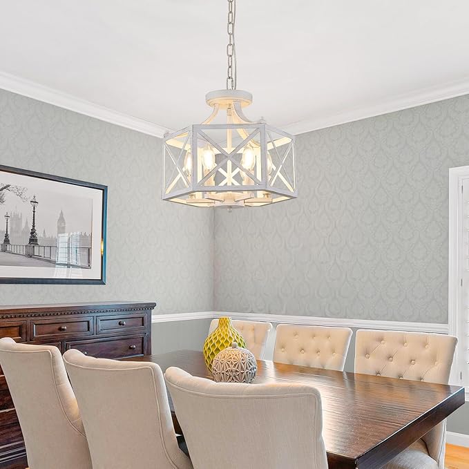 6-Light Antique White Pendant Light, Modern Farmhouse Chandeliers for Dining Room, Adjustable Hexagonal Metal Hanging Light, Vintage Geometric Pendant Lighting for Kitchen Island Entryway Foyer