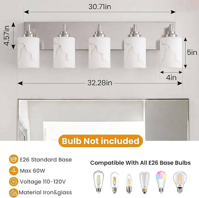 5-Light Bathroom Light Fixture, Brushed Nickel Modern Vanity Light with White Marble Glass Shade, for Bathroom Mirror, Living Room, Bedroom, Hallway, E26 Base, Extended Base