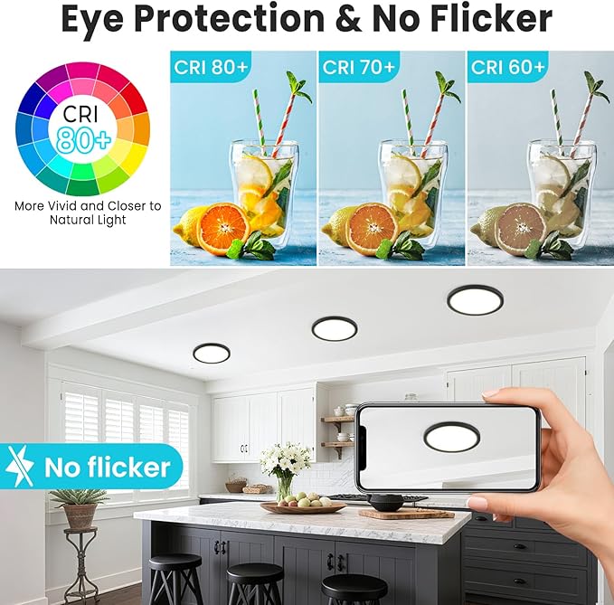 libtit 7 inch Flush Mount LED Ceiling Light Fixture, 3000K-6500K Adjustable, 15W 1500lm Black Satin Round Ceiling Lamp for Bathroom Hallway Kitchen Bedroom, 1 Pack