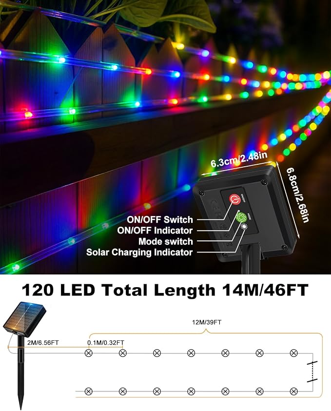 btfarm Solar Rope Lights, 120LED 46FT String Lights Outdoor Waterproof | 2 Pack 8 Modes, Timer Memory Function, Tube Trampoline lighting for Outside Garden Tree Christmas Yard Patio Decor,Multicolor