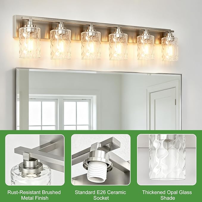 Modern Bathroom Lighting Fixtures Over Mirror, Vanity Lights for Bathroom, Wall Sconces with Clear Glass Shades, E26 Ceramic Socket, 6-Light 43-inch Brushed Nickel