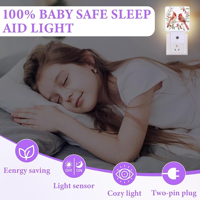 Red Cardinal Bird Night Light,Watercolor Night Lights Plug into Wall,Led Lamp for Stairway/Hallway/Bedroom 0.5W Nightlight Sleep Friendly