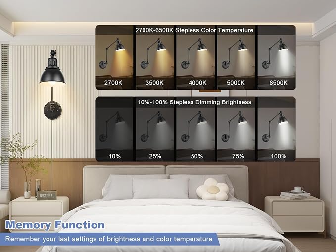 GOODATE 2 Pack Plug in Wall Sconces with Remote, Dimmable, Adjustable Colors, Swing Arm Wall Lamps, Wall Sconces Set of Two with Timer & Night Light, Plug-in or Hardwired (Black, with Bulbs+Remote)