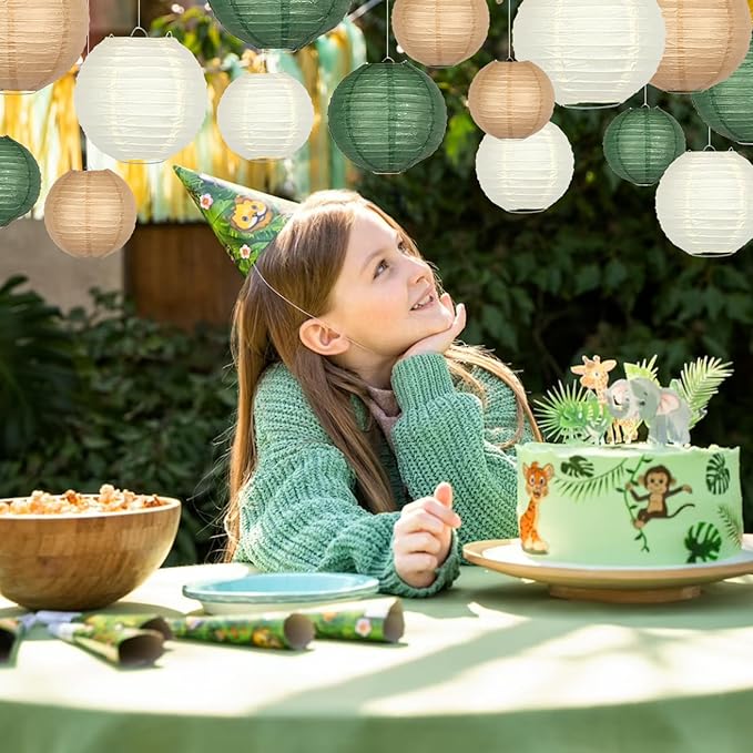 15 Pcs Dark Green Brown Hanging Paper Lanterns 4-12 Inch - Forest Woodland Baby Shower Decorations with Clear Fishing Line, Jungle Safari Birthday Party and Rustic Wedding Decor