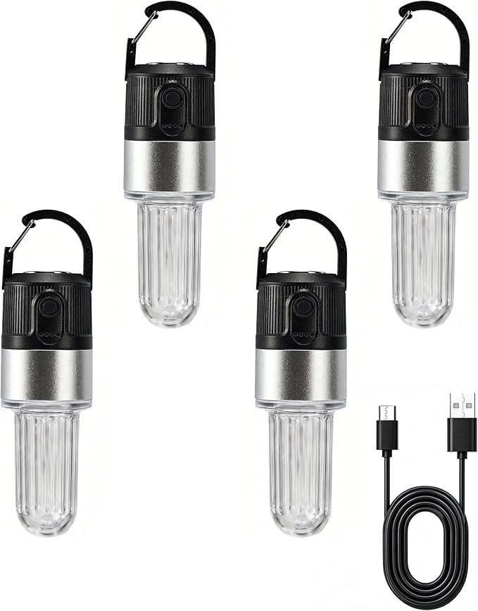 pearlstar 4 Pack Led Camping Lantern USB Rechargeable Outdoor Tent Lights with Clip for Hanging Hook Camping Flashlight Emergency Lamp, 4 Modes/IPX5 Waterproof/Battery Powered (Black)