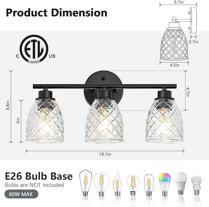 3-Light Vanity Light Over Mirror, Black Bathroom Light Fixtures | Modern Farmhouse Wall Lamp with Hammered Glass Lampshade for Kitchen Hallway Bedroom Living Room Cabinet Porch-18.1IN