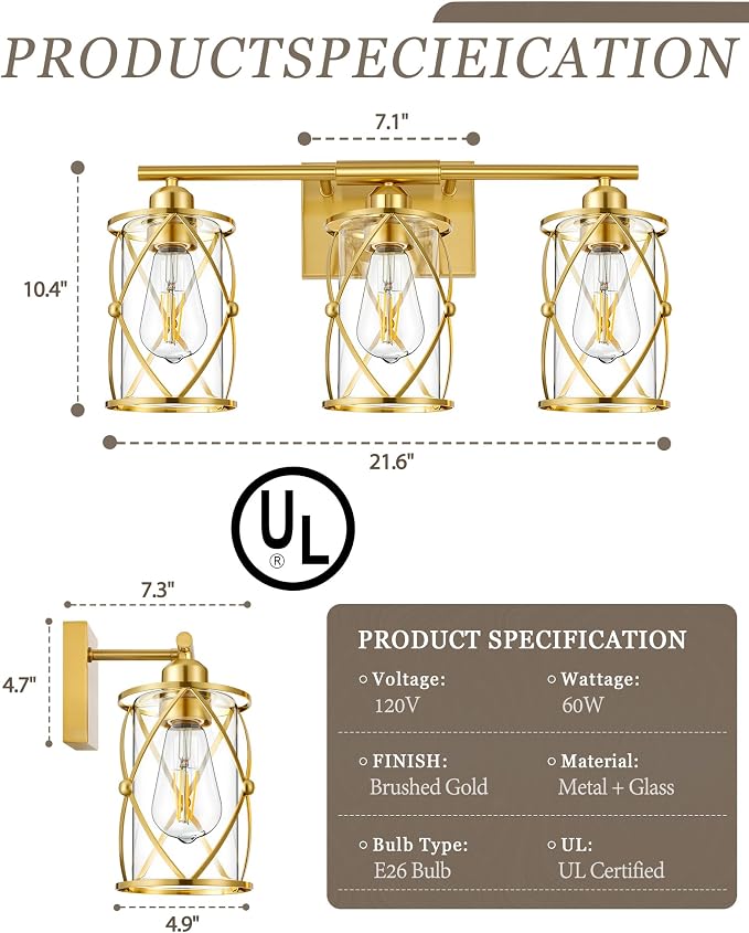3-Light Brushed Gold Bathroom Light Fixtures, 21 Inch Modern Bathroom Vanity Lighting Fixtures Over Mirror with Clear Glass and Metal Cage Wall Sconce Lights for Bath, E26, CH9176BG-3W